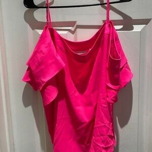 New York & Company Hot Pink Cold Shoulder Ruffle Sleeve Top